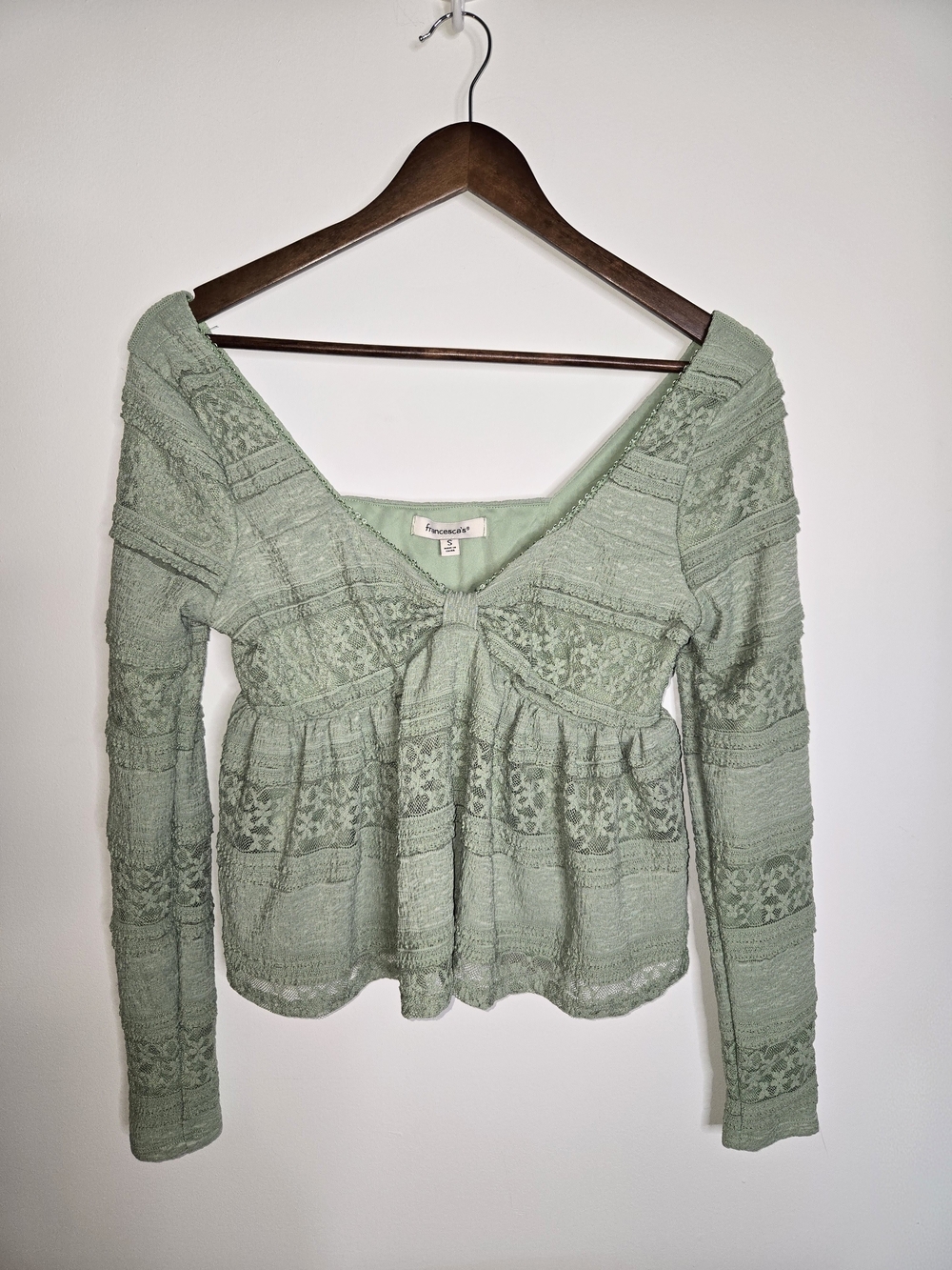 Francesca's Sarah Sage Green Lace-Trim Long Sleeve Peplum Cottagecore Top Size S